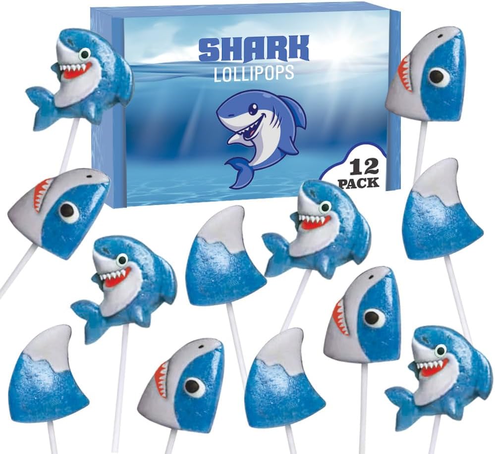 Shark Candy Lollipops - 12 Individually Wrapped Suckers - Great for Baby Shark Theme - Ocean - Under the Sea - Birthday Party Favors
