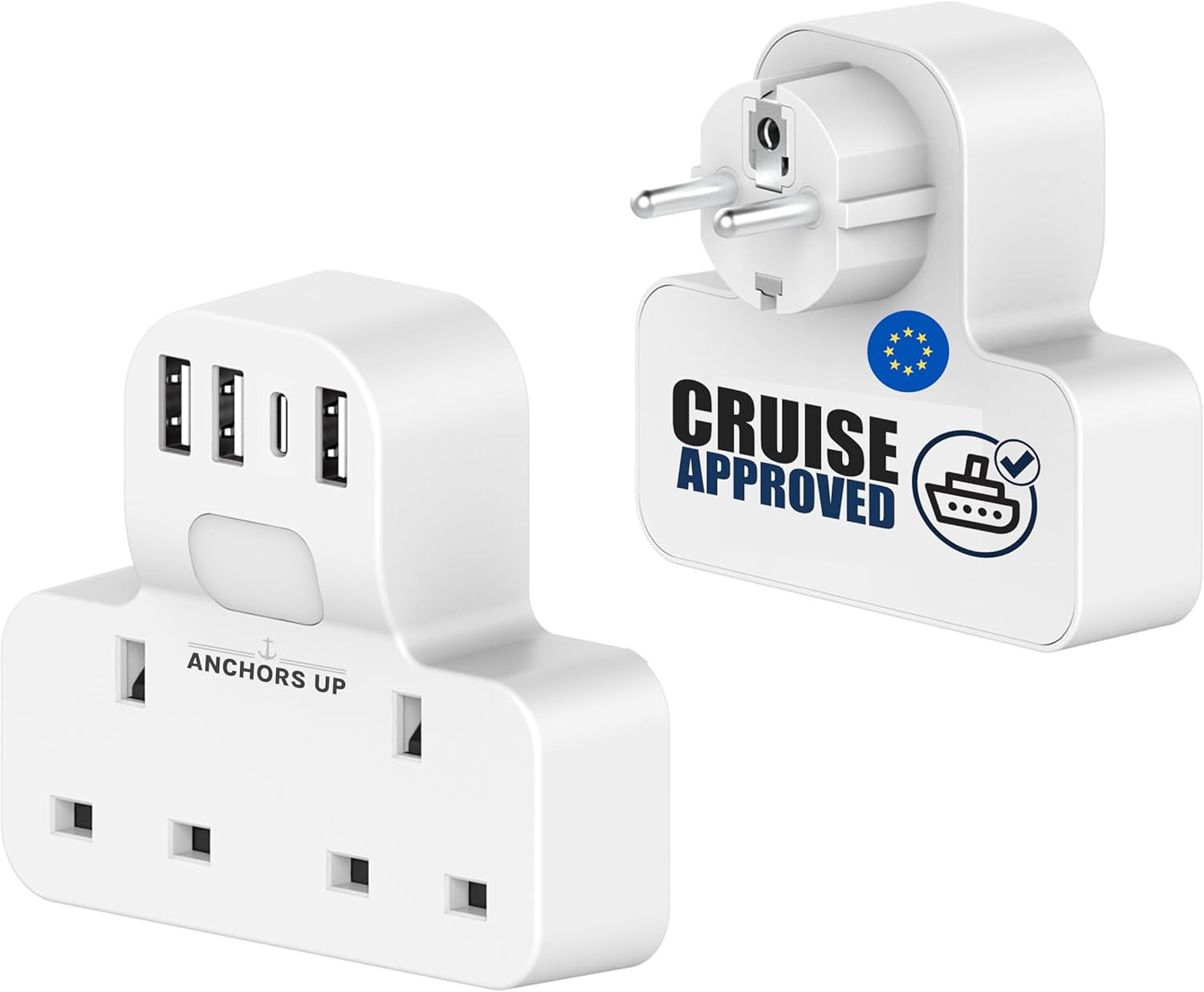Cruise Approved 7-in-1 Travel Adapter – Non Surge for Cruise Ships – 4 USB Ports and Night Light – Works on P&O, Marella, MSC, Carnival, Princess, NCL, Disney, Fred Olsen – Cruise Essential (EU Plug)