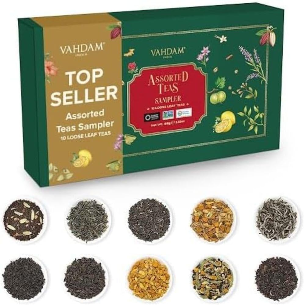 VAHDAM, Assorted Loose Leaf Tea Gift Set (10 Flavors) Gift Ideas for Women & Men | Herbal, Green,Chai & Black Sampler| Non-GMO, Gluten Free | Gifts for Him/Her