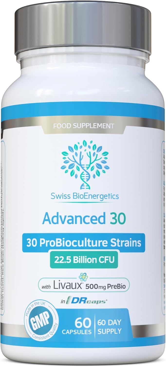 Bio Cultures Complex Probiotics & Prebiotics - Advanced 30 Strains & 22.5 Billion CFU with 500mg of Livaux PreBiotic per Capsule - 2 Month Supply in DR-Caps for Optimal delivery to The Gut - UK Made