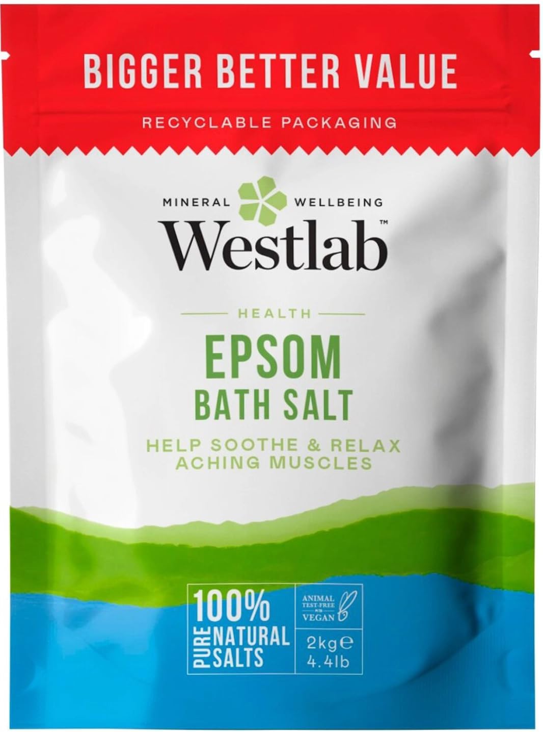 Westlab - Reviving Epsom Salt - 2kg Resealable Pouch - 100% Natural, Pure & Unscented Mineral Salts - Supports Sleep and Relieves Aching Muscles (Packing may vary).