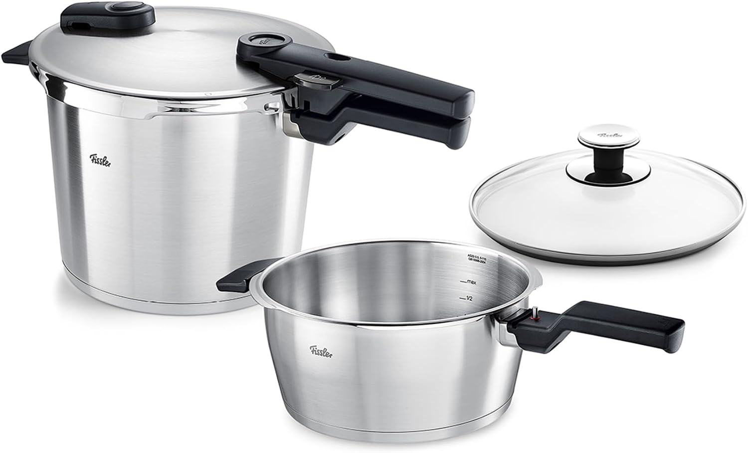 Fissler Vitaquick Premium 3 Piece Pressure Cooker Set, 3.7 Quart and 6.3 Quart with Glass Lid, Cooks Up to 70% Faster, 18/10 Stainless Steel, Compatible with Induction, Gas, Electric Cooktops