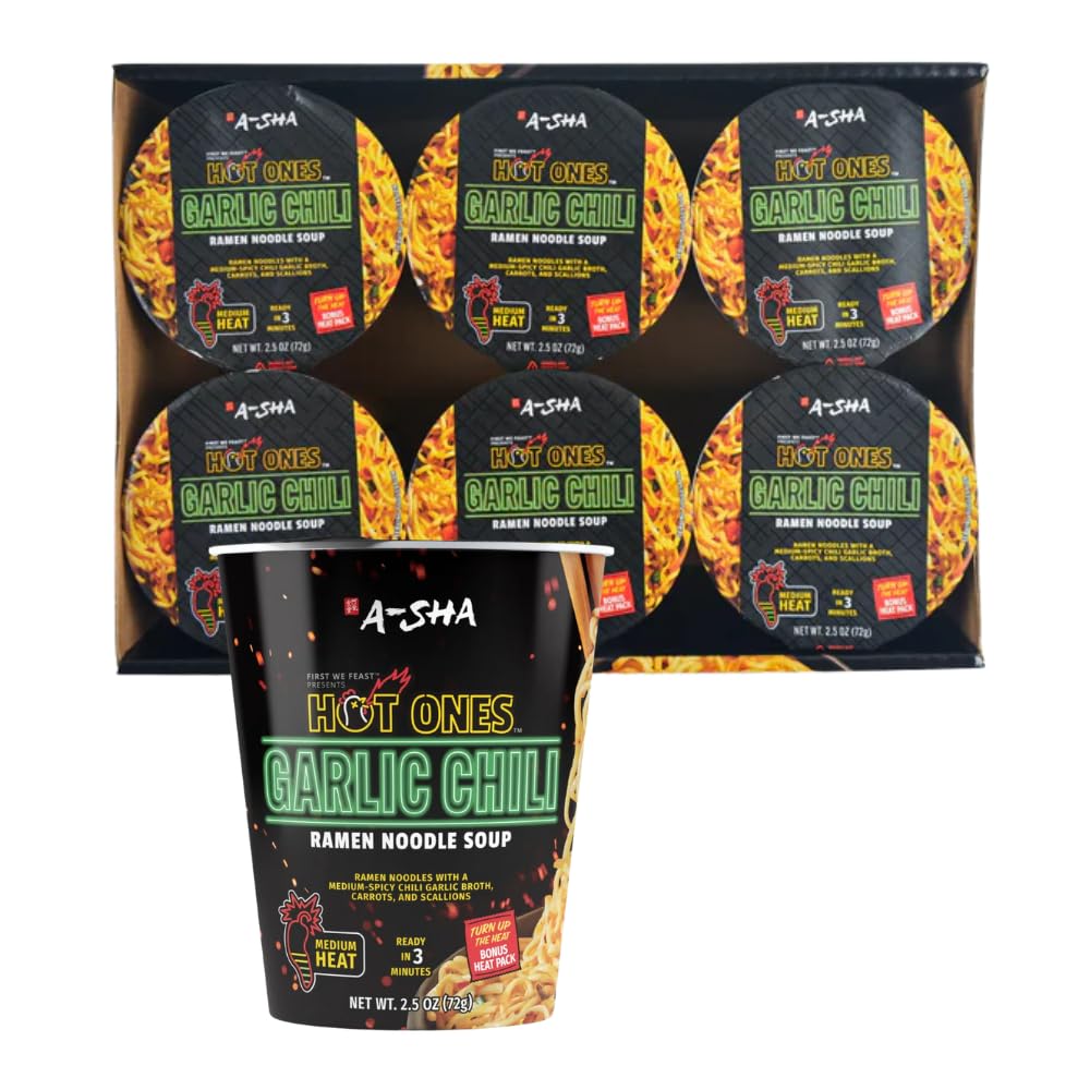 A-Sha x Hot Ones Spicy Ramen Noodle Soup Cup, 6 Pack, Garlic Chili (Medium Heat) Flavor, Premium Microwaveable Ramen Soup