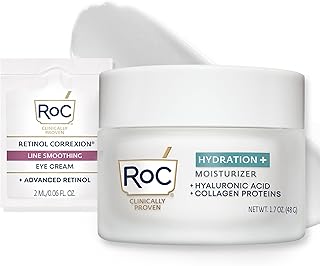 RoC Hydration+ Hyaluronic Acid Moisturizer Face Cream, Hydrating, Smoothing, Fragrance Free Formula with Collagen Proteins (1.7 Ounces) with Retinol Eye Cream Packette
