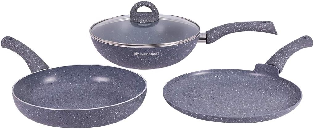 Wonderchef Granite Nonstick 4 Piece Cookware Set(Frying Pan with Lid, Wok, Dosa Tawa), Induction Bottom, Soft-Touch Handles, Pure Grade Aluminium, PFOA, 3.5mm, 2 Years Warranty () StandardGrey
