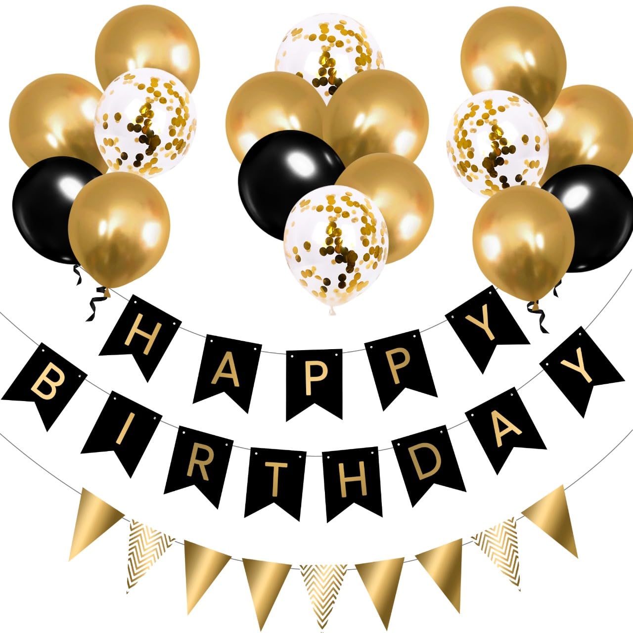 Black and Gold Birthday Decorations Set – Happy Birthday Banner, Bunting, 12 Inch Balloons, Ribbon & Hooks - Reusable Birthday Party Supplies for Men, Women, Boys, Girls & Milestone Celebrations
