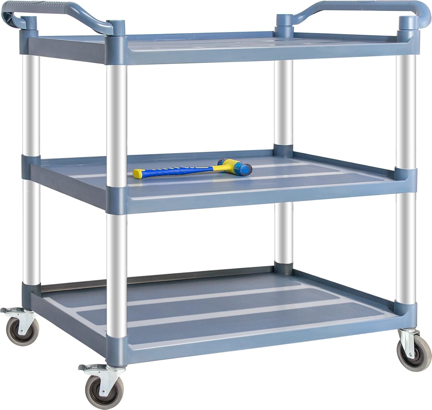 Plastic Utility Carts with Wheels, 3-Tier Large Size Restaurant Food Cart, Heavy Duty 600lbs Capacity Rolling Service Cart w/Hammer for Commercial, Kitchen, Office (Lockable Wheels, L-Grey)