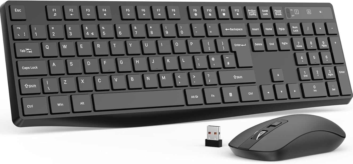 Wireless Keyboard and Mouse Set, Full Size Wireless Keyboard Ergonomic Design & Quiet USB Cordless Mouse Combo UK Layout, 12 Multimedia Shortcuts for Windows Computer PC Laptop Desktop,Black