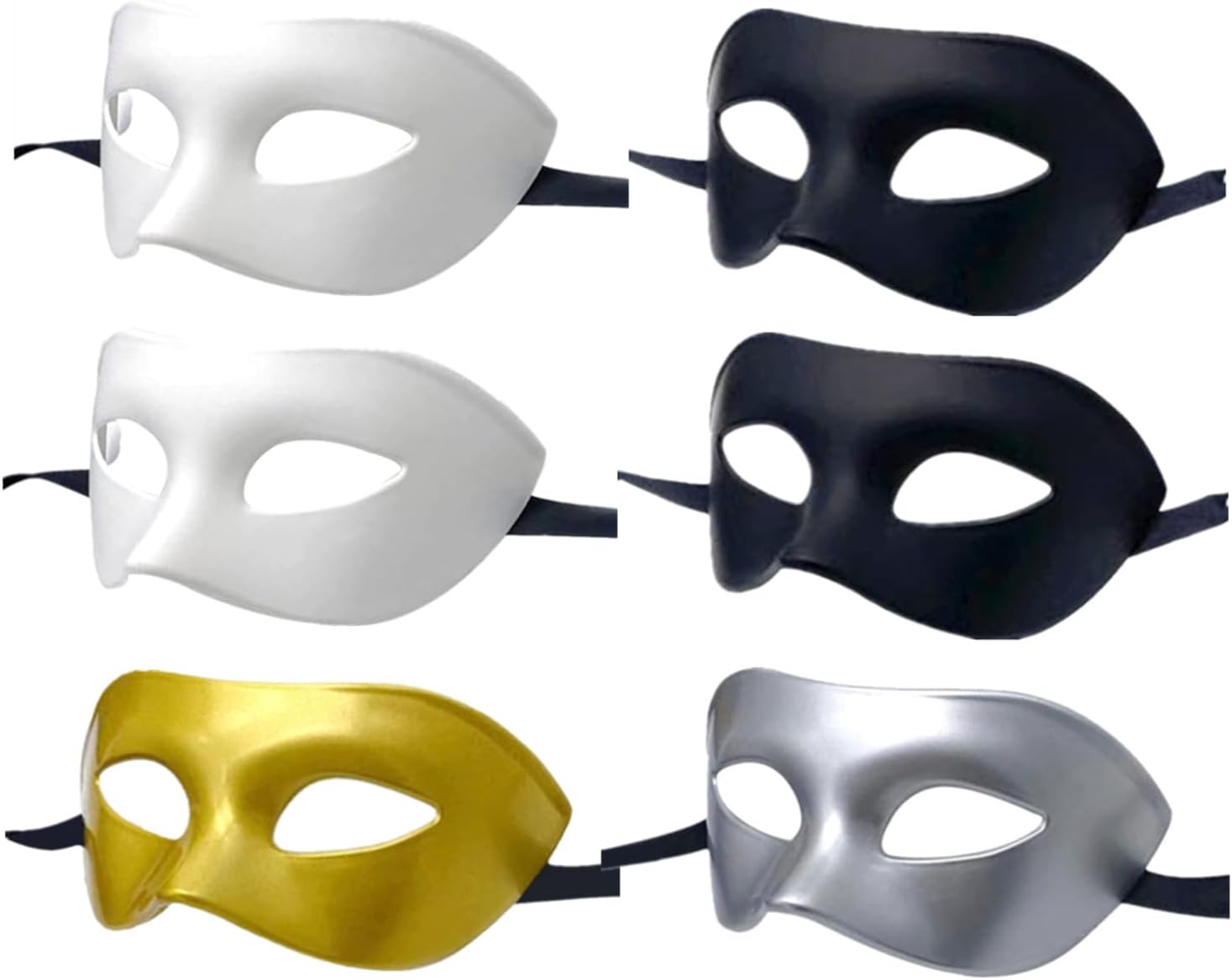 Men Women Masquerade Mask, High Elastic Bendable Plastic Half Face Eye Mask, Solid Color, Suitable for All Prom (2 Black+2 White+Gold+Silver)