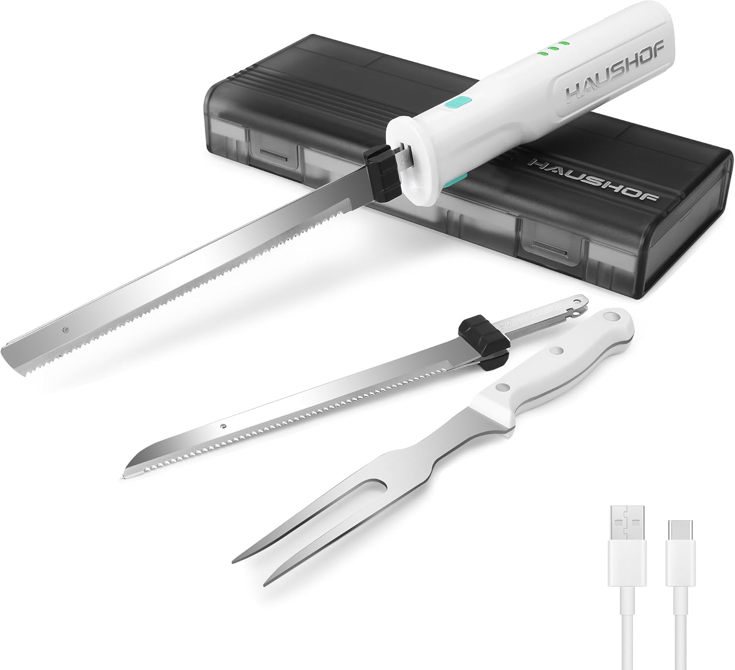 HAUSHOF 8V Cordless Electric Knife, Electric Carving Knife 20cm and Fork, Electric Carving Knife for Meat 2000mAh, Ideal for Slicing Meat, Bread, Cheese（White）