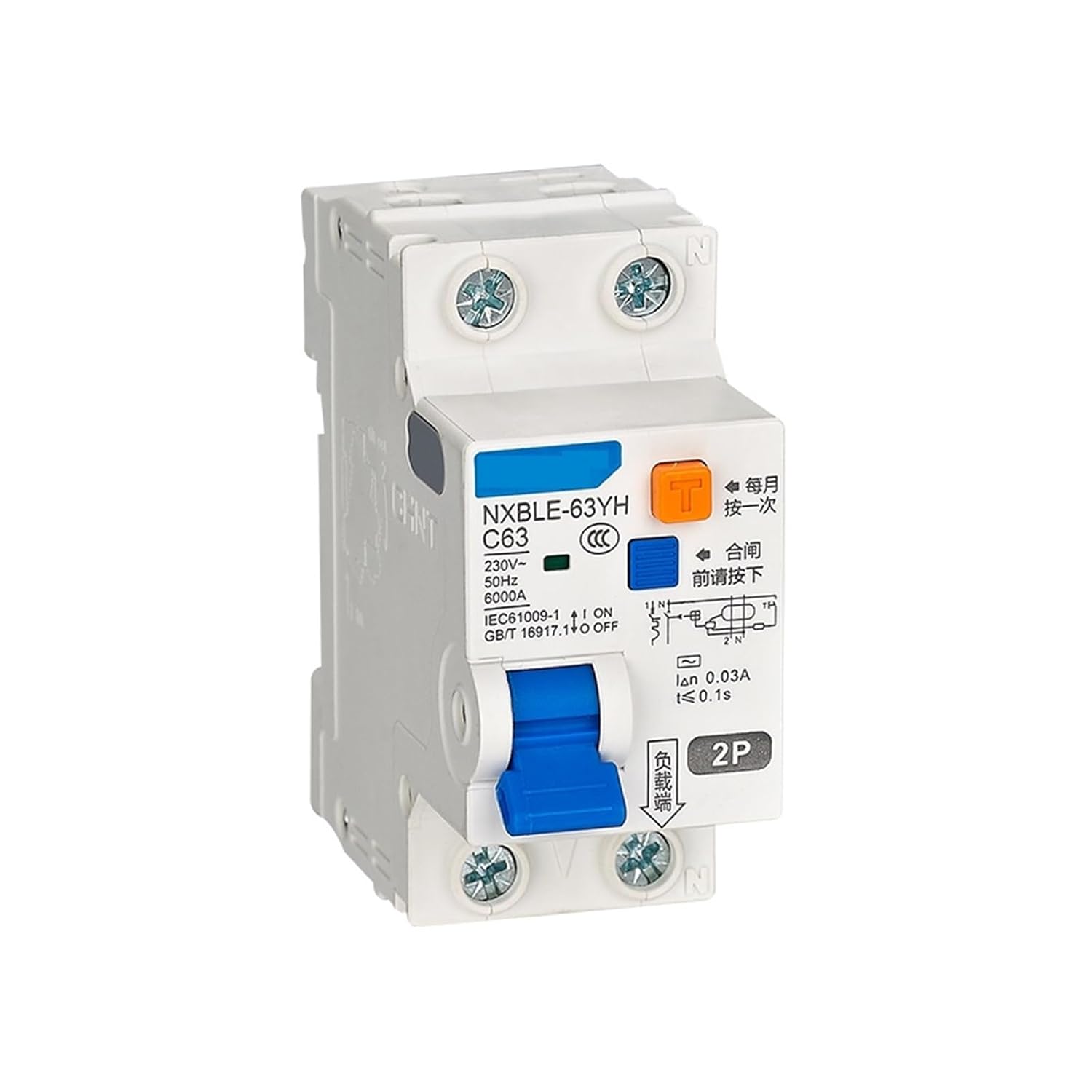 NXBLE-63YH Residual Current Operated Circuit Breaker, NXBLE-63YH 2P D10 30mA 6kA
