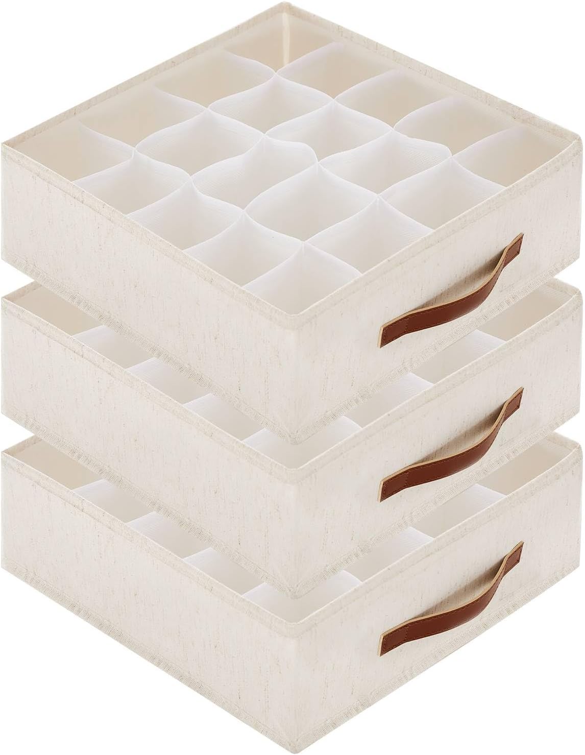 Tuza 3 Pack Sock Drawer Organizer Divider, 60 Cell Foldable Underwear Organizer for Dresser Drawers, Fabric Closet Organizers and Storage for Socks, Underwear, Ties, White