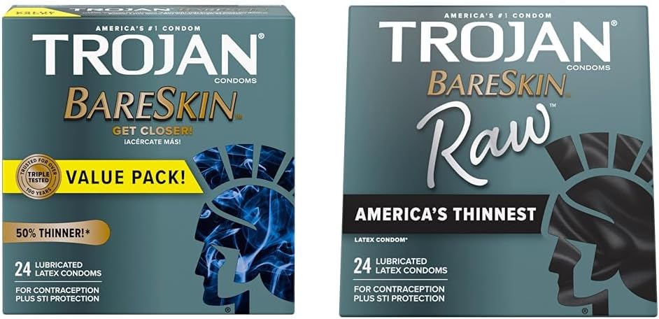 Trojan Bareskin Thin Premium Lubricated Condoms - 24 Count & BareSkin Raw Thin Condoms, Lubricated Condoms for Men, America’s Number One Condom Brand, 24 Count Pack