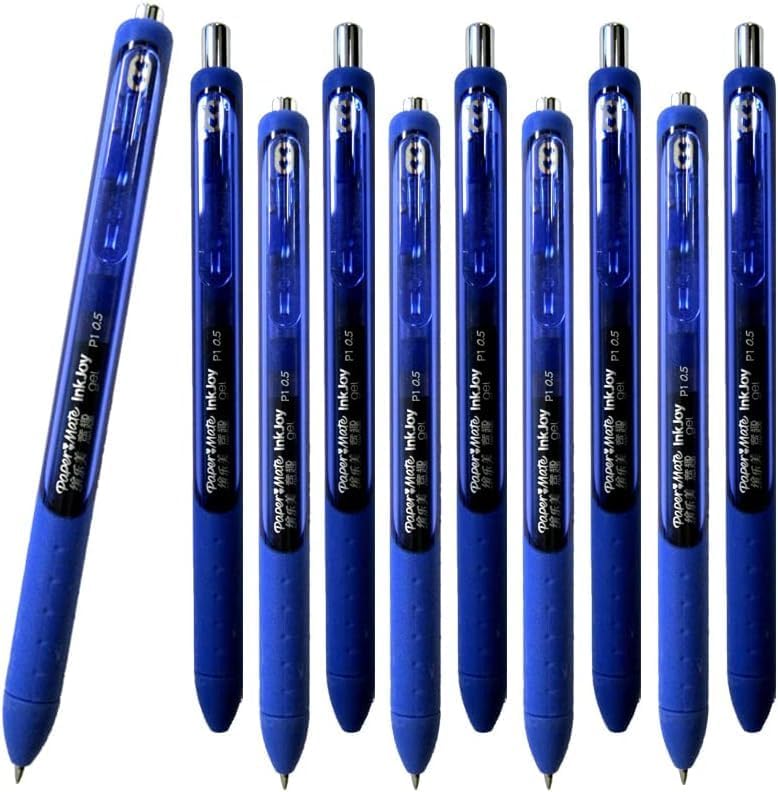 10 x Paper Mate Inkjoy Retractable Gel Ink Pen | Full Length Grip & Fast Drying | 0.5mm Fine Point Tip with Blue Colour Ink | Loose in Plain Packaging [ASIA IMPORT]