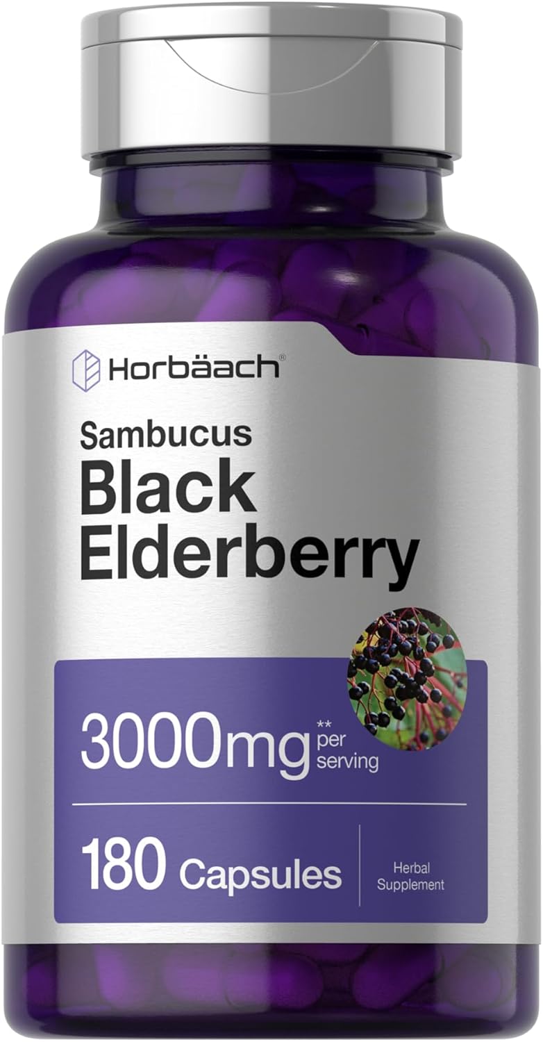 Horbäach Black Elderberry | 3000mg Capsules | 180 Count | Non-GMO, Gluten Free | Sambucus Extract Supplement