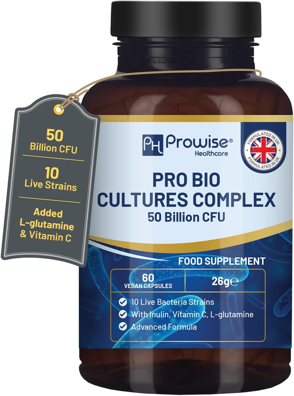 Bio Cultures Complex Probiotics and Prebiotics - 50 Billion CFU - 10 Live Bacteria Strains – Added with Inulin, L-Glutamine & Vitamin C - 60 Capsules | Advanced Probiotic for Women & Men by Prowise