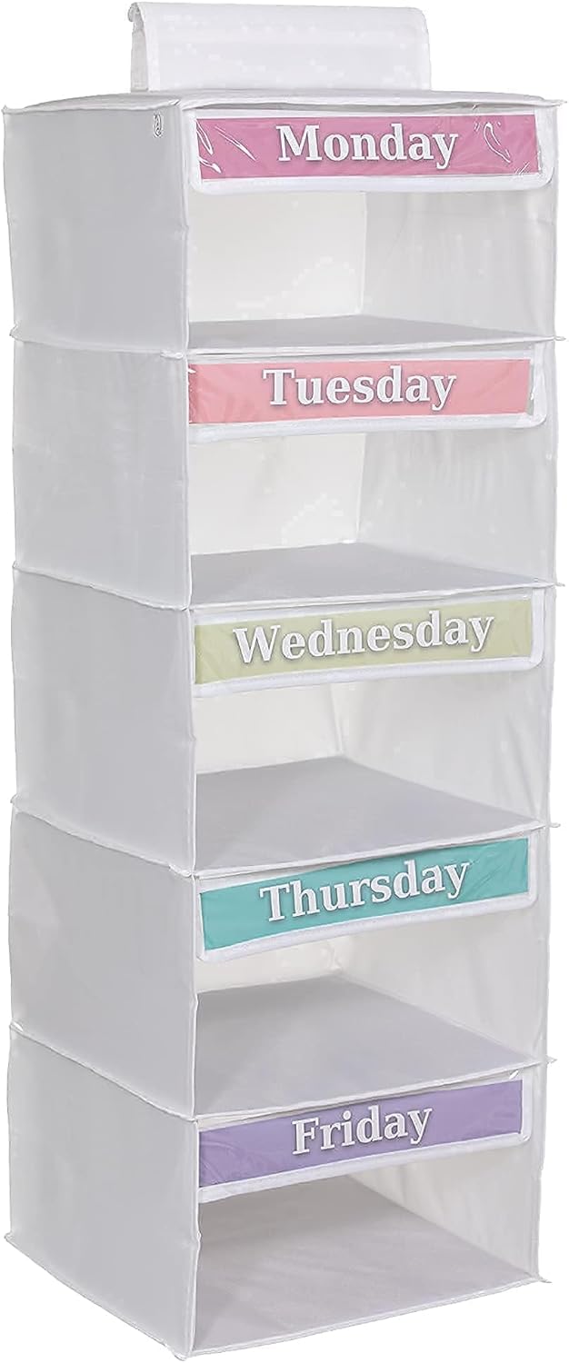 5-Shelf Weekly Clothes Organizer for Kids, 33-Inch Hanging Closet Storage Unit for School Outfits, Monday Through Friday Daily Clothing Divider for Boys and Girls