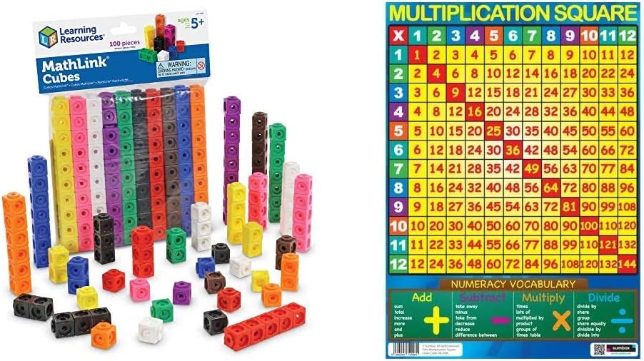 Learning Resources Mathlink Cubes (Set of 100) & Sumbox Multiplication Square Educational Times Tables Maths Poster