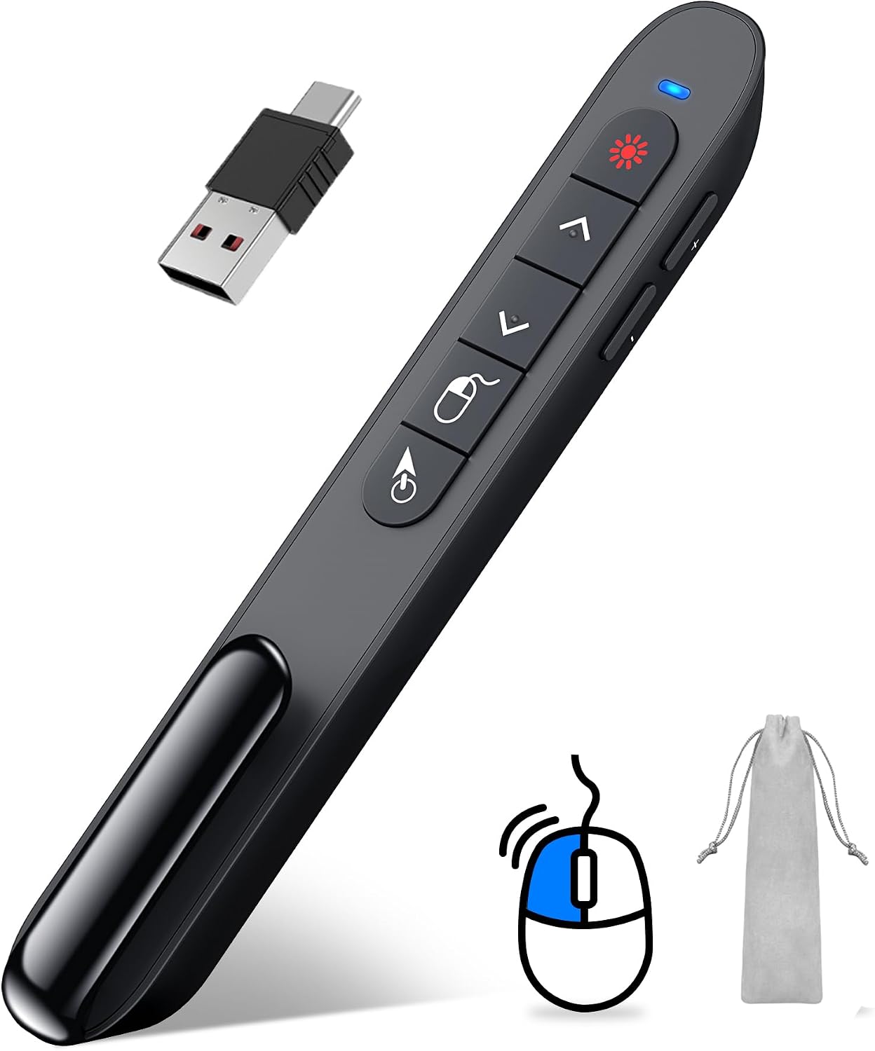 DINOSTRIKE USB-A and USB-C Presentation Clicker with Air Mouse Control, Rechargeable Wireless Presenter Remote PPT Pointer RF 2.4GZ PowerPoint Clicker Slide Advancer for Mac Computer Laptop