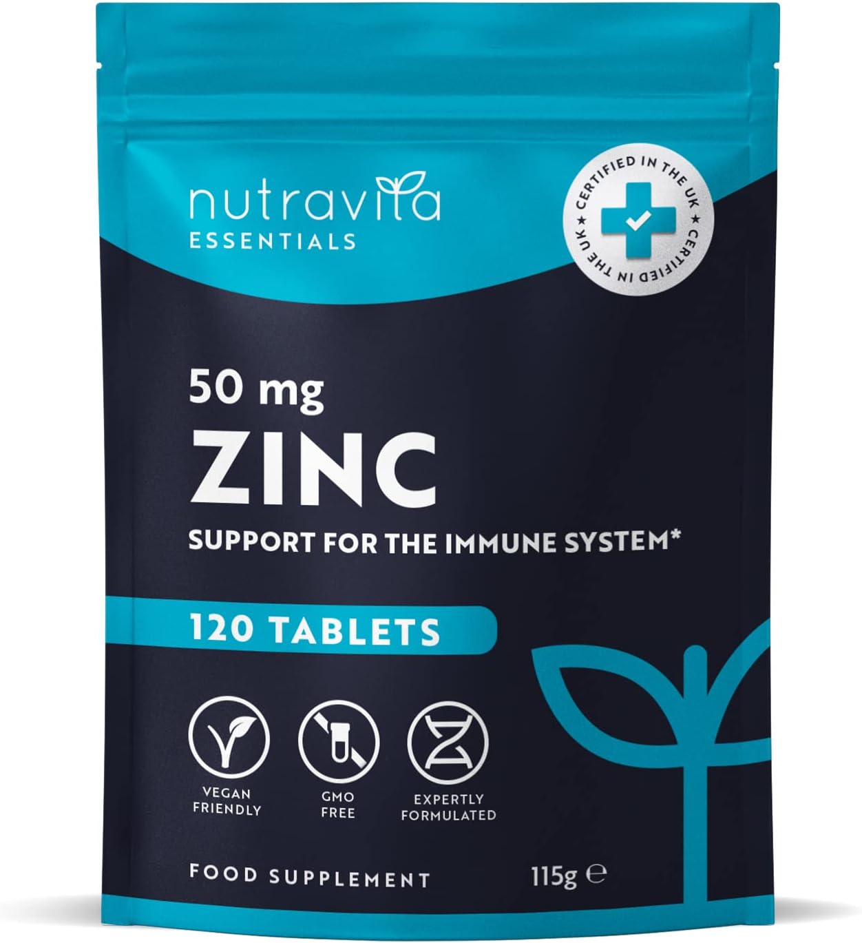 Zinc Tablets 50mg – 120 High Strength Vegan Tablets (4 Months Supply) – Highly Absorbable Zinc Supplements for Maintenance of Normal Immune System, Bones, Hair, Skin & Nails – Made in UK by Nutravita