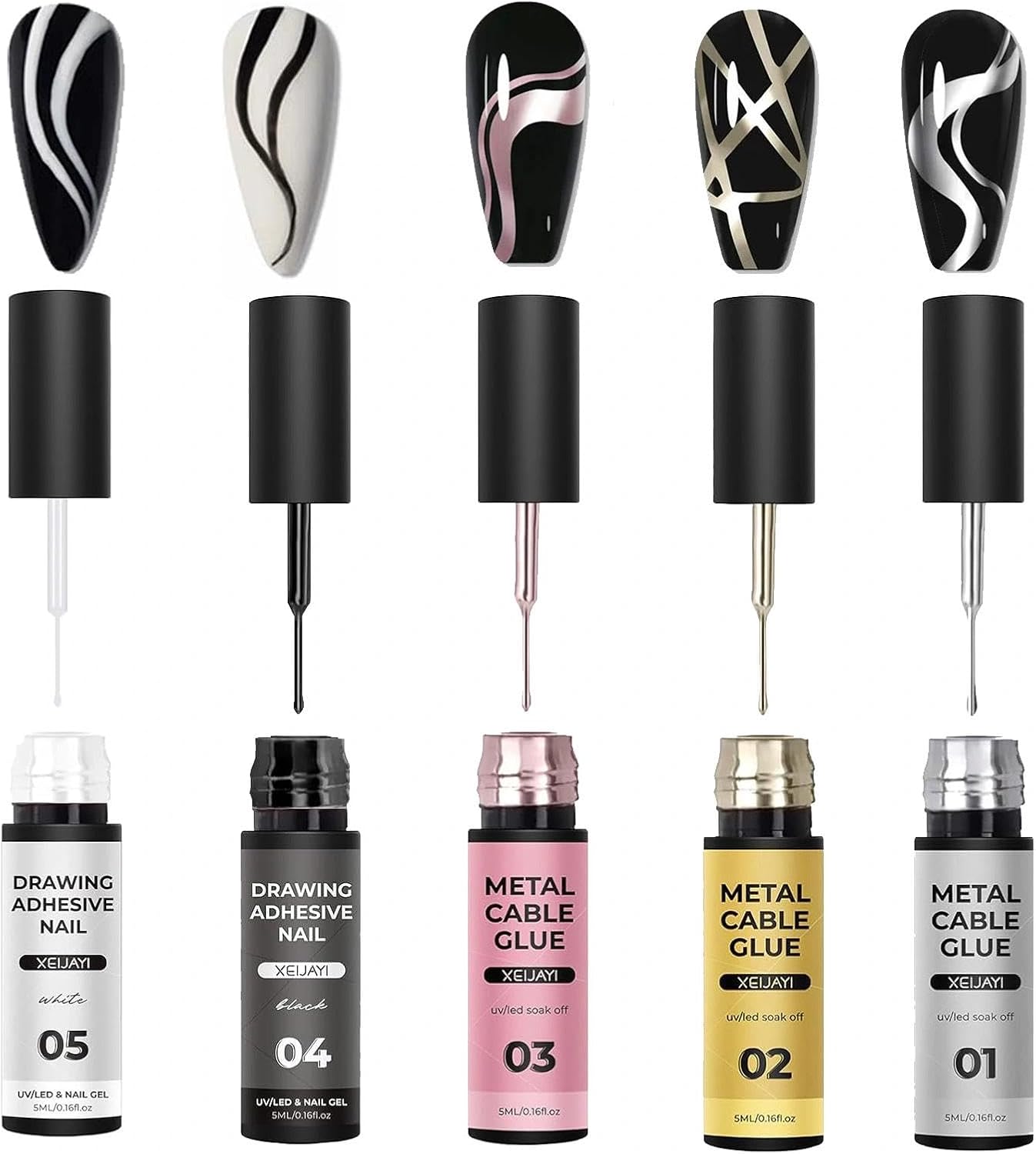 5Color Nail Art Gel Liner Gel Polish Set, Nail Art Pens UV/LED Soaking French Manicure, from French-Style Manicure to Creative Hand Painting, Easily Create Salon-Level Manicure