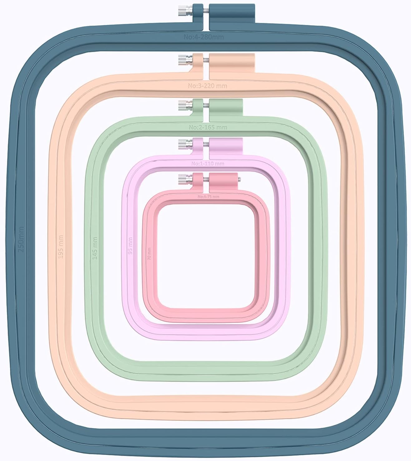 Pllieay 5 Pieces 5 Sizes Square Embroidery Hoops, ABS Plastic Embroidery Hoops for DIY Embroidery Craft
