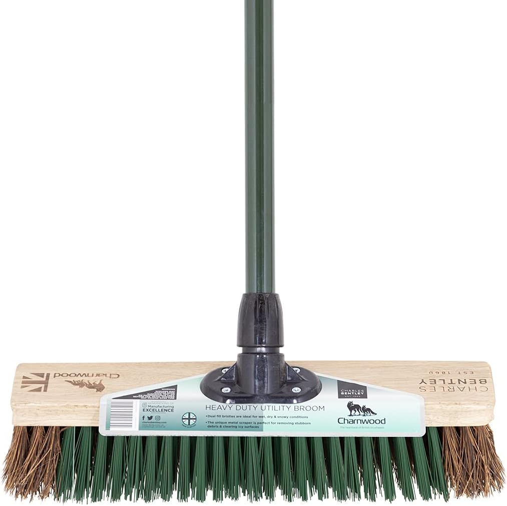 Charles Bentley Charnwood 16" Utility Broom with Scraper for Garden & Outdoor Maintenance Premium Brushware Green FSC