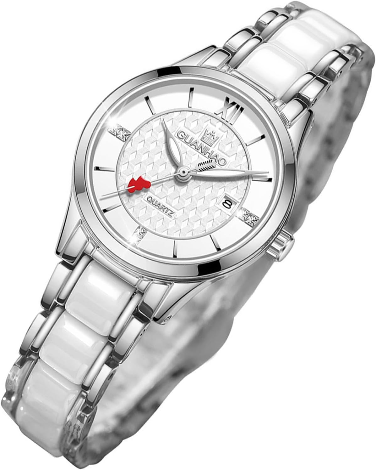 GUANHAO White Ceramic Watches for Women with Diamond Dial, Date Calendar Ladies Fashion Watch Waterproof, Stainless Steel Wristwatch Quartz