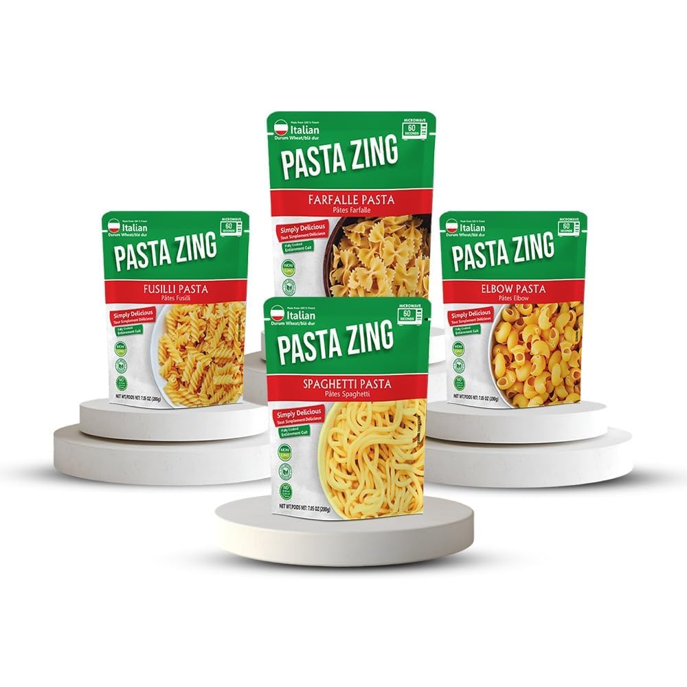 Pasta Zing Microwavable Pasta Variety Pack – 7 Count (7.05 oz Each) | 2x Farfalle, 3x Spaghetti, 1x Fusilli, 1x Elbow | Ready in 60 Seconds | Fully Cooked | Heat & Eat