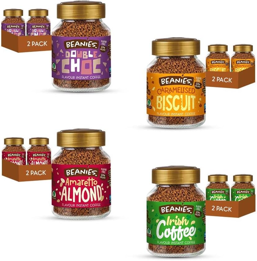 Beanies Instant Coffee with Double Chocolate x 2, Ameretto Almond x 2, Caramelised biscuit x 2, and Irish Coffee x 2, Flavours, 400g (50g x 8 pack) - Rich in Flavour, Low-Calorie, Sugar-Free