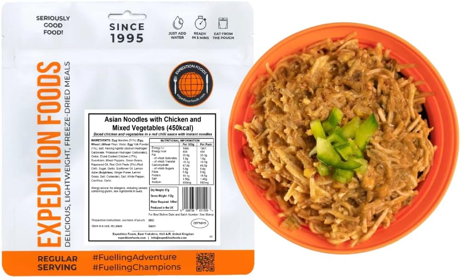 EXPEDITION FOODS Asian Noodles with Chicken and Mixed Vegetables (Single Serving / 450kcal) | Freeze-Dried Camping & Hiking Food
