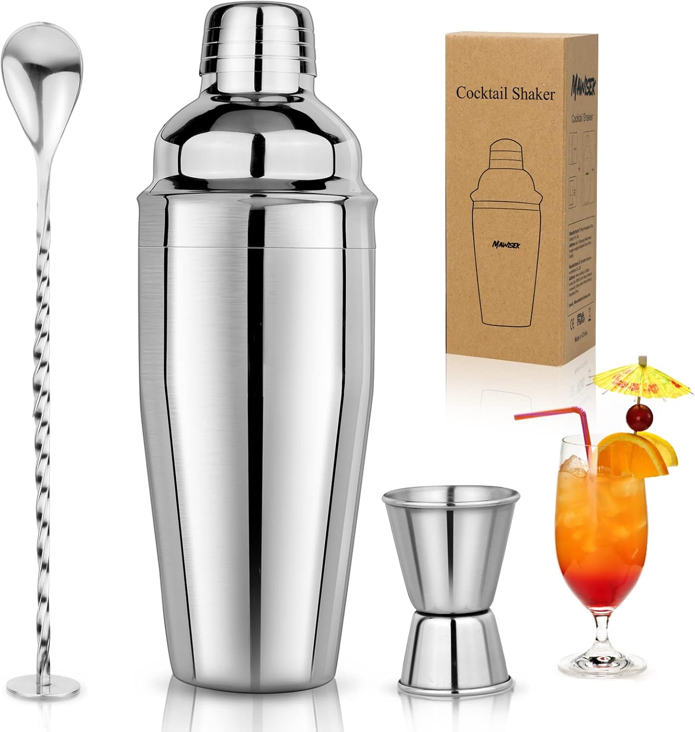 25oz Cocktail Shaker Set Martini Shaker Set Bartender Set with Margarita Mixer Drink Shaker, Measuring Jigger and Mixing Spoon - Professional 18/8 Stainless Steel Bar Tools for Mixed Drinks