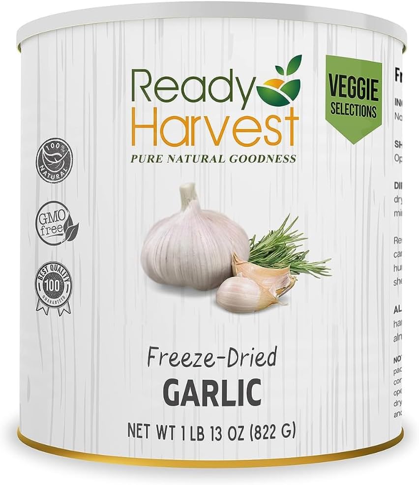 Ready Harvest Freeze-Dried Garlic for Camping Food | Camper Must-Haves Camping Essentials | Hurricane Preparedness Items as Survival Food | Pantry Staples | #10 Can | 25-Year Shelf Life | 1 can