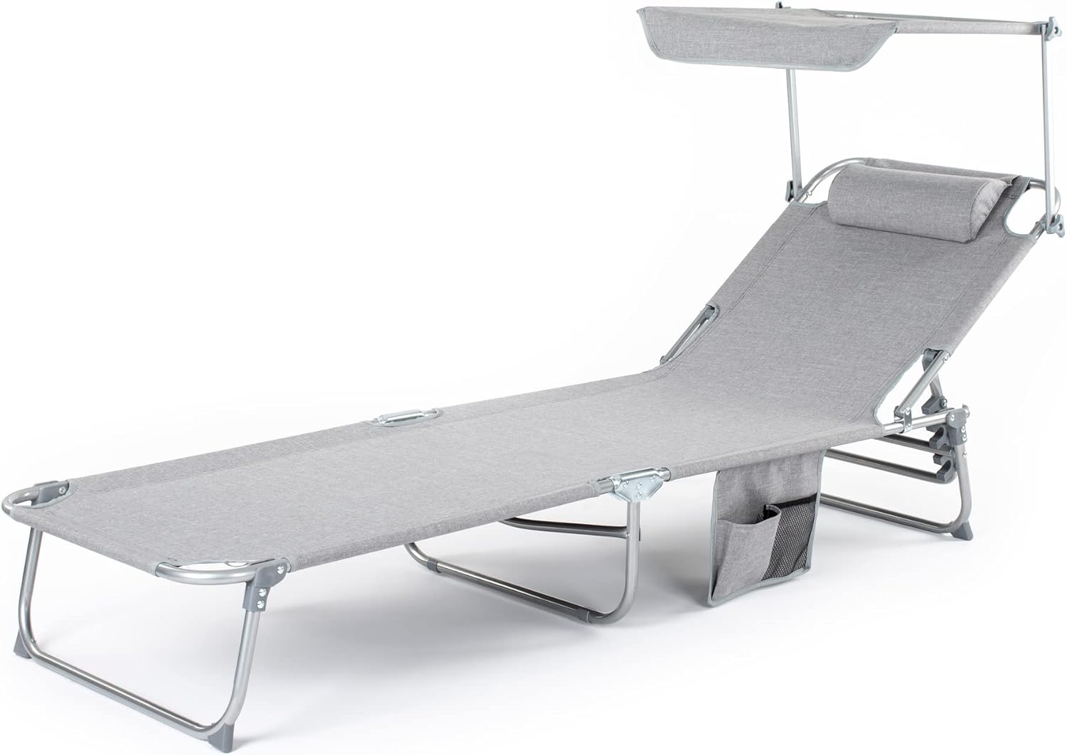 LIVIVO Folding Sun Lounger with Adjustable Back and Leg Rests, Adjustable Sunshade and Side Pockets – Relax in Comfort and Style – Folding Lightweight Frame (Grey)