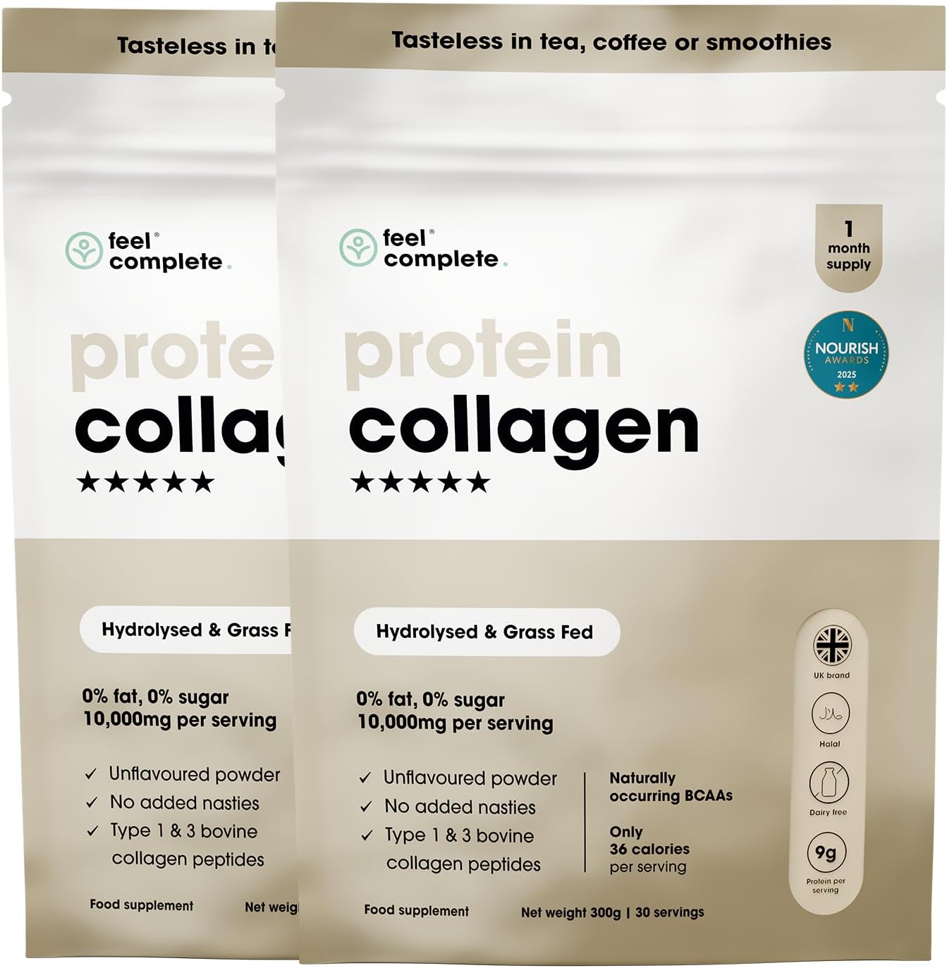 Feel Complete | High Protein Collagen Powder | No Sugar, No Sweeteners | Unflavoured | Grass Fed & Hydrolysed | Premium Type 1 & 3 Bovine Peptides | Halal | Skin, Hair & Nails | 600g | 60 Servings