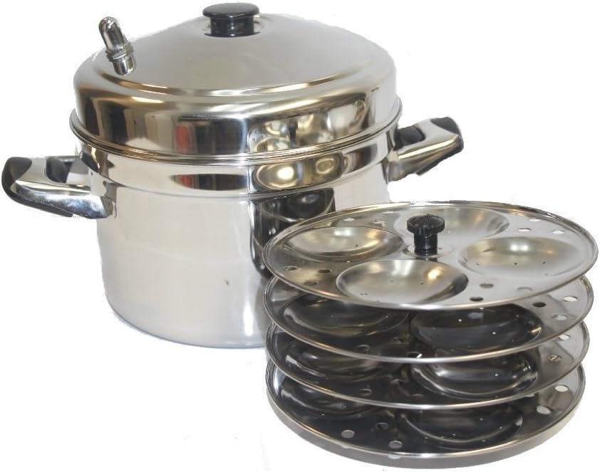 Tabakh 4-Rack Stainless Steel Idli Cooker with Strong Handles, Makes 16 Idlis