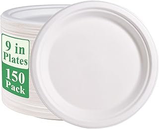 Vplus 150 Pack Paper Plates 9 inch 100% Compostable Plates Heavy-Duty Disposable Paper Plates Bagasse Natural Biodegradable Eco-Friendly Sugarcane Plates（White）