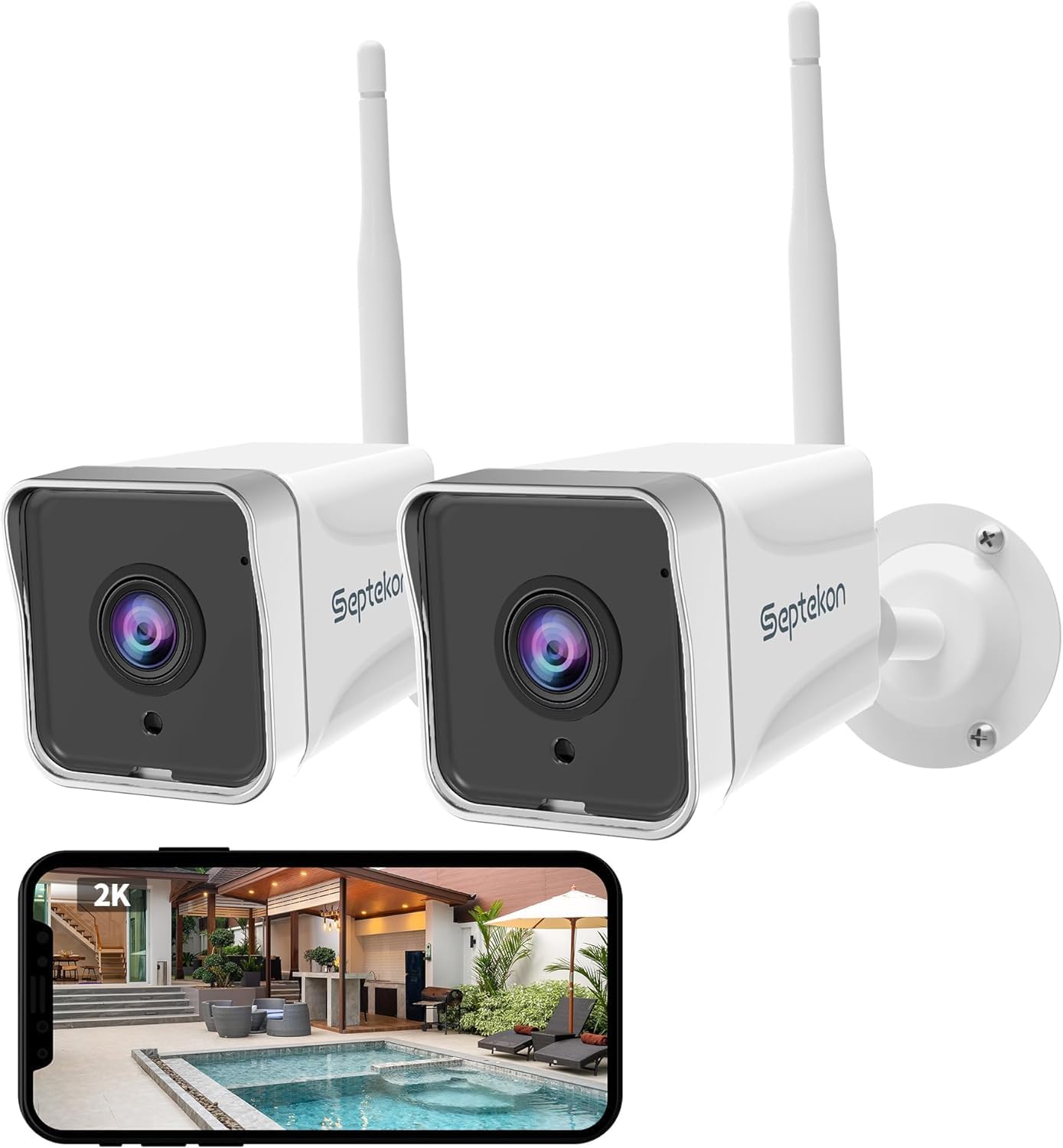 Septekon Security Camera Outdoor, 2K CCTV Camera Wireless WiFi, Night Vision, Motion Detection,Waterproof Home Surveillance Camera with 2-Way Audio, Cloud Storage, Work with Alexa - 2 Pack
