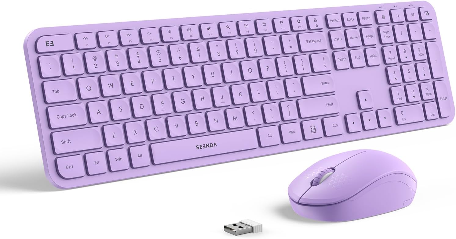 Wireless Keyboard and Mouse Combo - seenda Full Size 2.4G USB Wireless Keyboard Mouse Set, Quiet Cordless Computer Keyboard Mouse for Windows, Laptop, PC - Purple