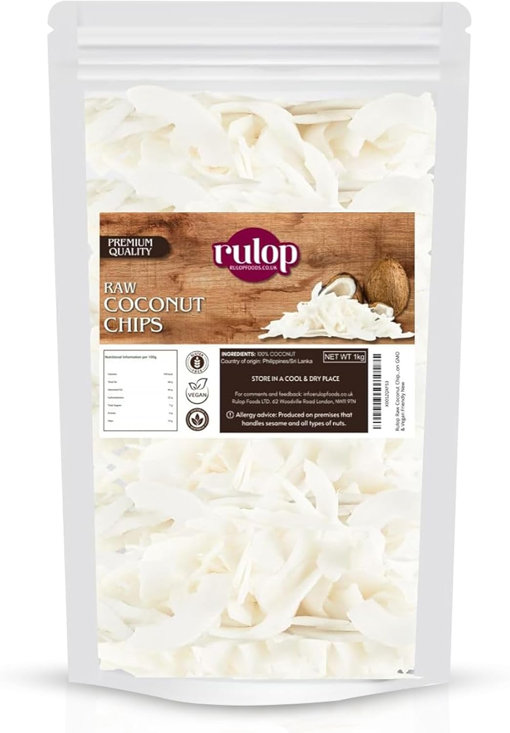 Rulop Raw Coconut Chips 1kg, Unsweetned 100% Coconut Flakes, Natural Dried Flaked Coco nut, Non GMO & Vegan Friendly