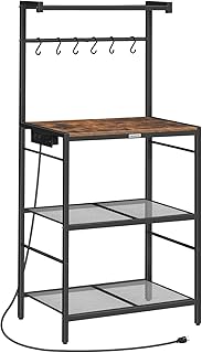 Bakers Rack with Charging Station, Microwave Stand with 6 S-Shaped Hooks, 4-Tier Storage Rack, Practical Coffee Bar, for Kitchen, Dining Room, Rustic Brown BRHR35E01