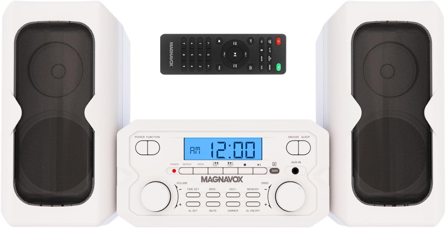 Magnavox MM435M-WH 3-Piece Compact CD Shelf System with Digital FM Stereo Radio, Bluetooth Wireless Technology, and Remote Control in White | LCD Display | AUX Port Compatible | 2022 Version |