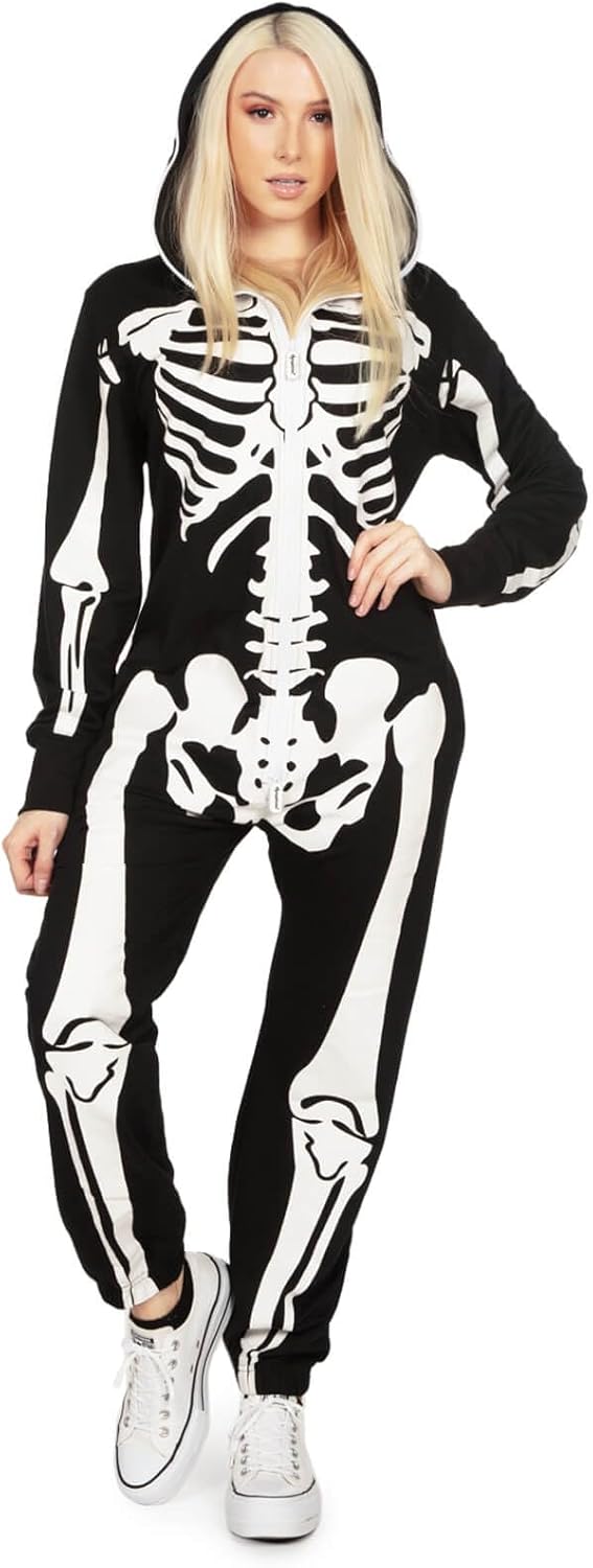 Tipsy Elves Halloween Skeleton Costume for Women - Comfy Easy Adult Onesie Jumpsuit - Front and Back Print with Zip Up Mask