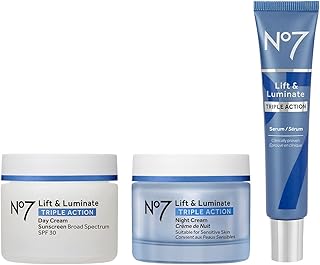 No7 Lift & Luminate Triple Action Skincare Set - Broad Spectrum Anti Aging Day Cream SPF 30 + Vitamin C Wrinkle Serum + Collagen Peptide Brightening Night Cream (3 Piece Kit)