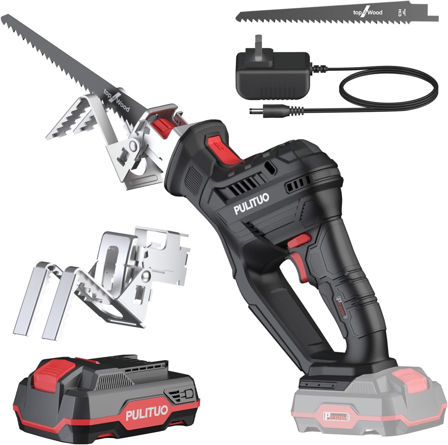 Reciprocating Saw, PULITUO 20V Cordless Reciprocating Saws Compact Design with 2000mAh Battery, 0-3000RPM Variable Speed Electric Saws, Saw Blade, LED Light, Ideal for Wood and Metal Cutting