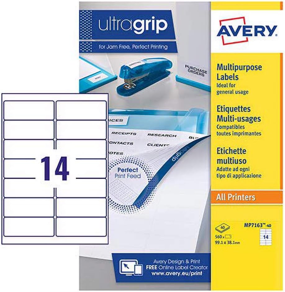 Avery Printable, Multi Purpose Labels, All Printers, 99.1 x 38.1 mm, White, 14 Labels per Sheet, 560 Blank Labels per Pack (MP7163-40)