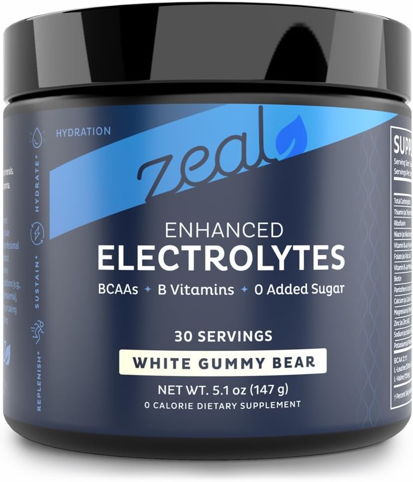 Zeal Electrolyte Powder Recovery Drink (30 Servings | White Gummy Bear) w 0 Sugar +BCAAs +B-Vitamins Electrolyte Supplement w Potassium Zinc & Magnesium for Hydration - Keto Electrolytes