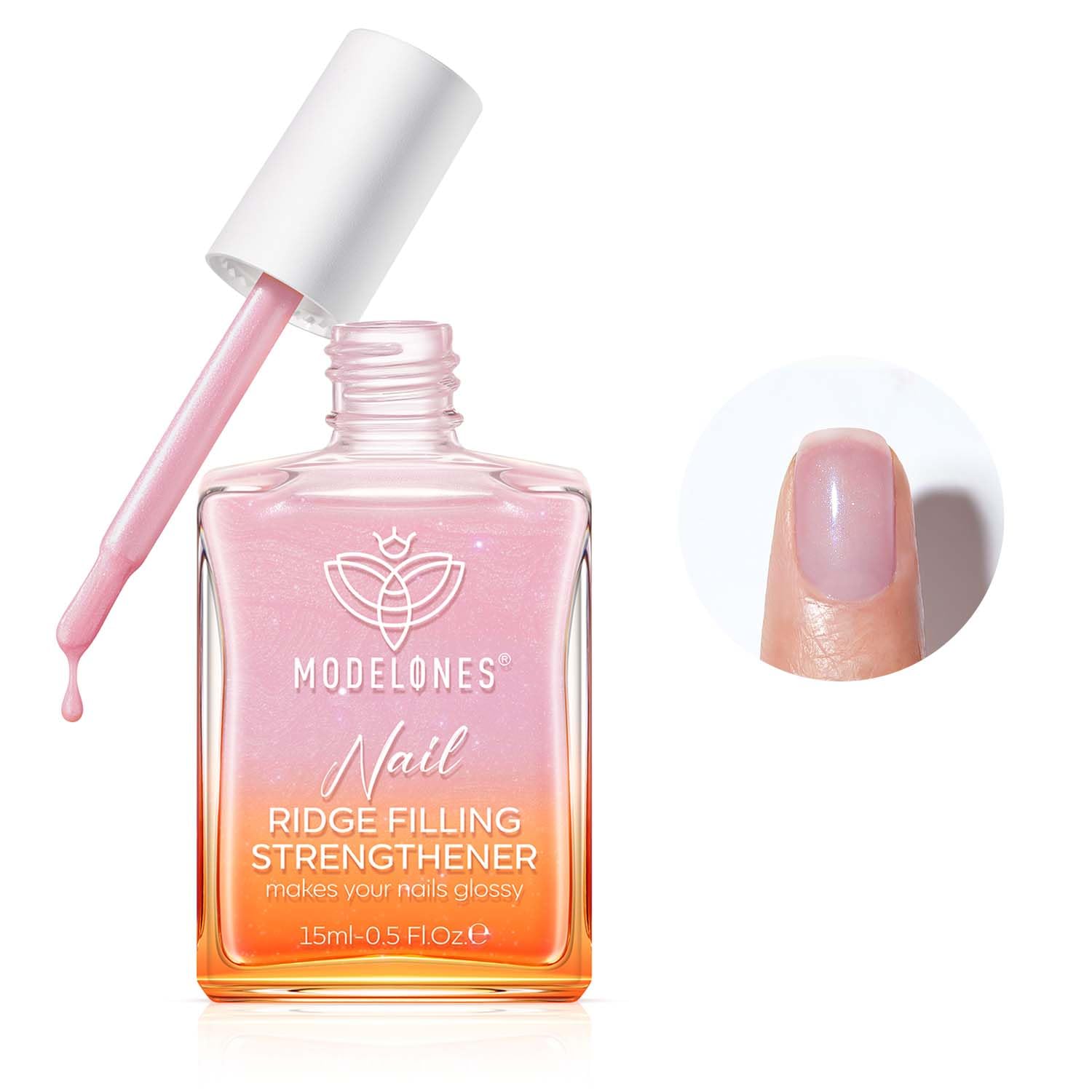 modelones Nail Strengthener 8-in-One Nail Repair for Damaged Nails Glitter Pink Nail Polish for Thin Weak & Damaged Nails Hardener and Growth Polish 15ml