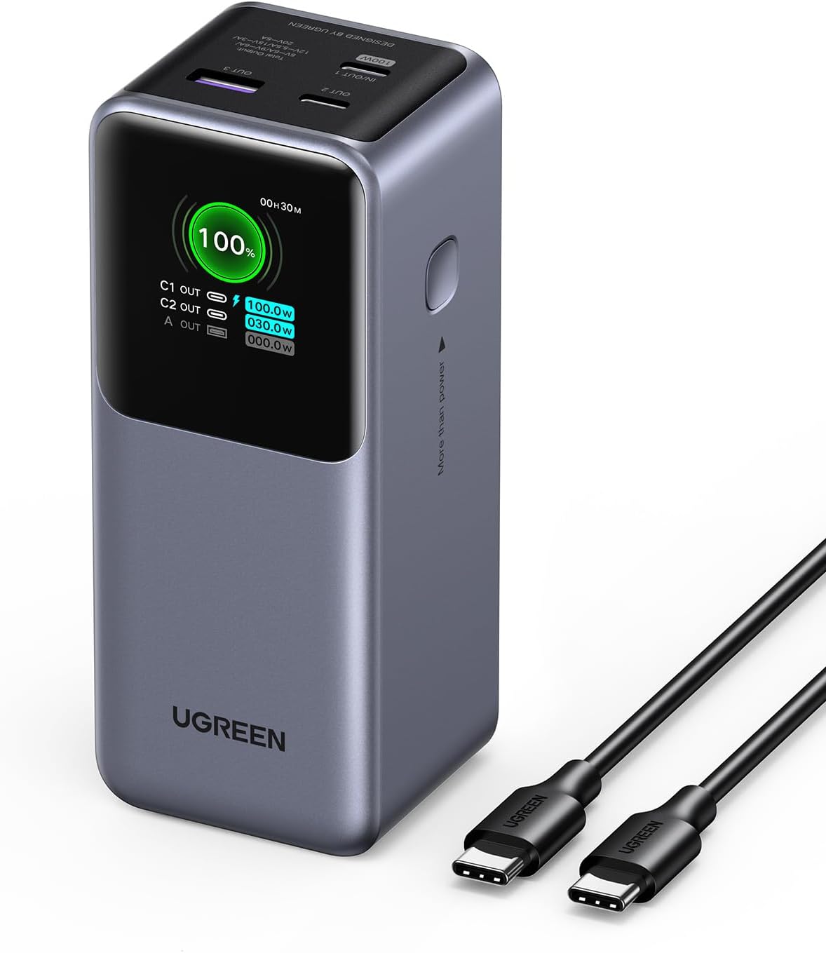 UGREEN Nexode Power Bank 20000mAh 130W Portable Charger 72Wh PD Fast Charging 3-Port USB C Battery Pack with TFT Smart Display for MacBook/iPad/iPhone 16/Samsung S24 and More