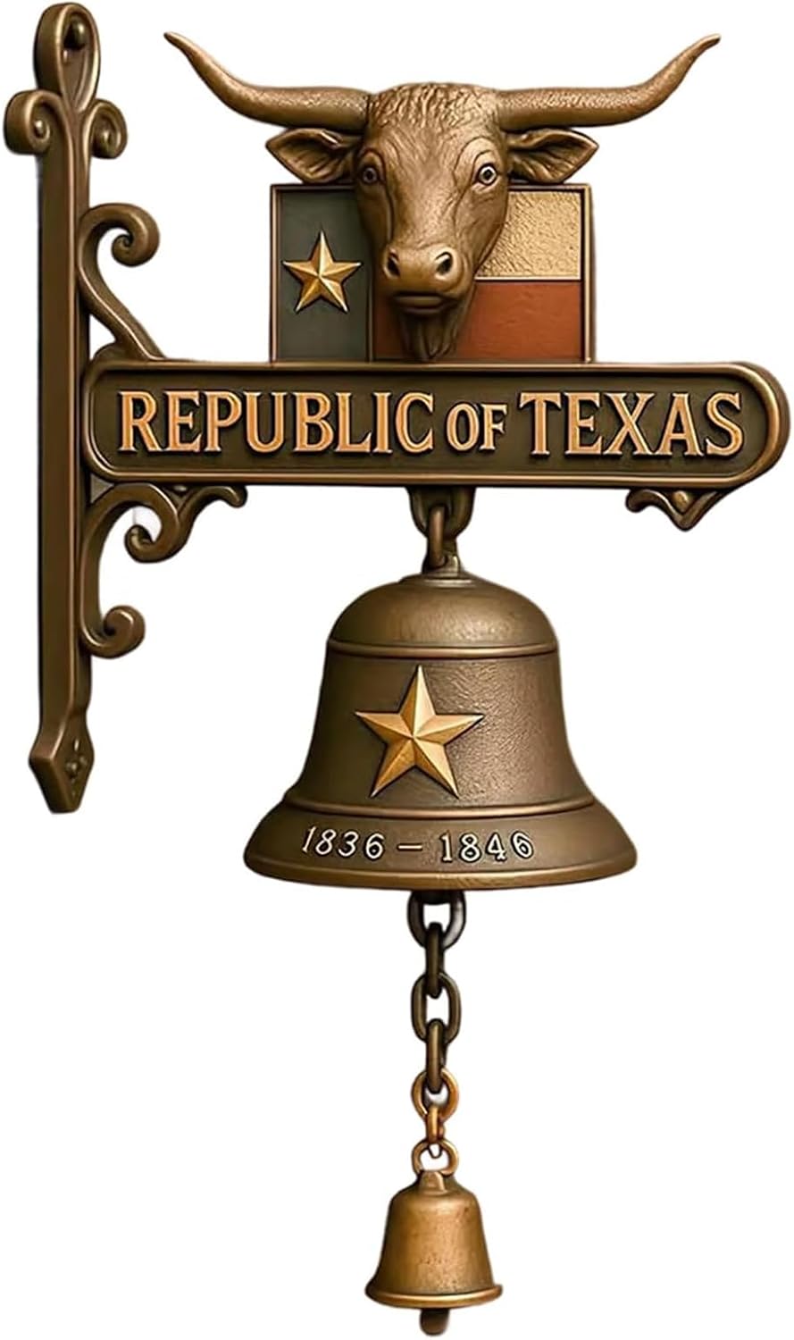 Republic of Texas Vintage Doorbell (1836–1846), 3D Handcrafted Antique Metal Farmhouse Door Chime, Metal Republic of Texas Bull Doorbell Hanging Decor, Rustic Vintage Door Wall Dinner Yard Bell (1PCS)